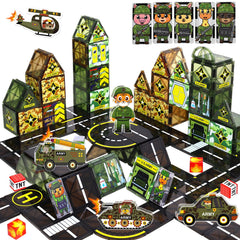Magbubp military magnetic tiles with toy dolls for imaginative world-building.