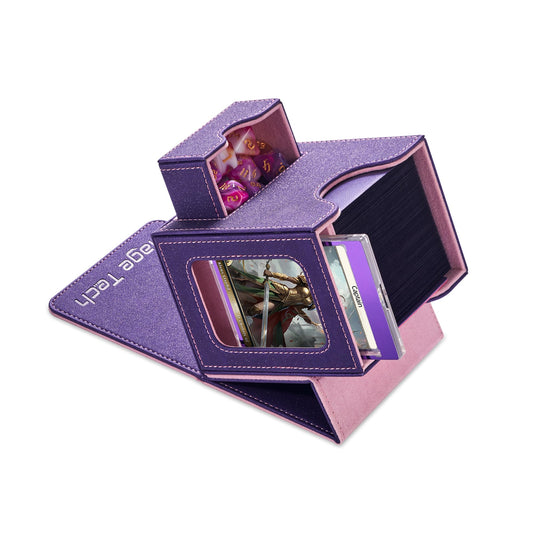 Mage Tech card deck box with commander slot for quick viewing.