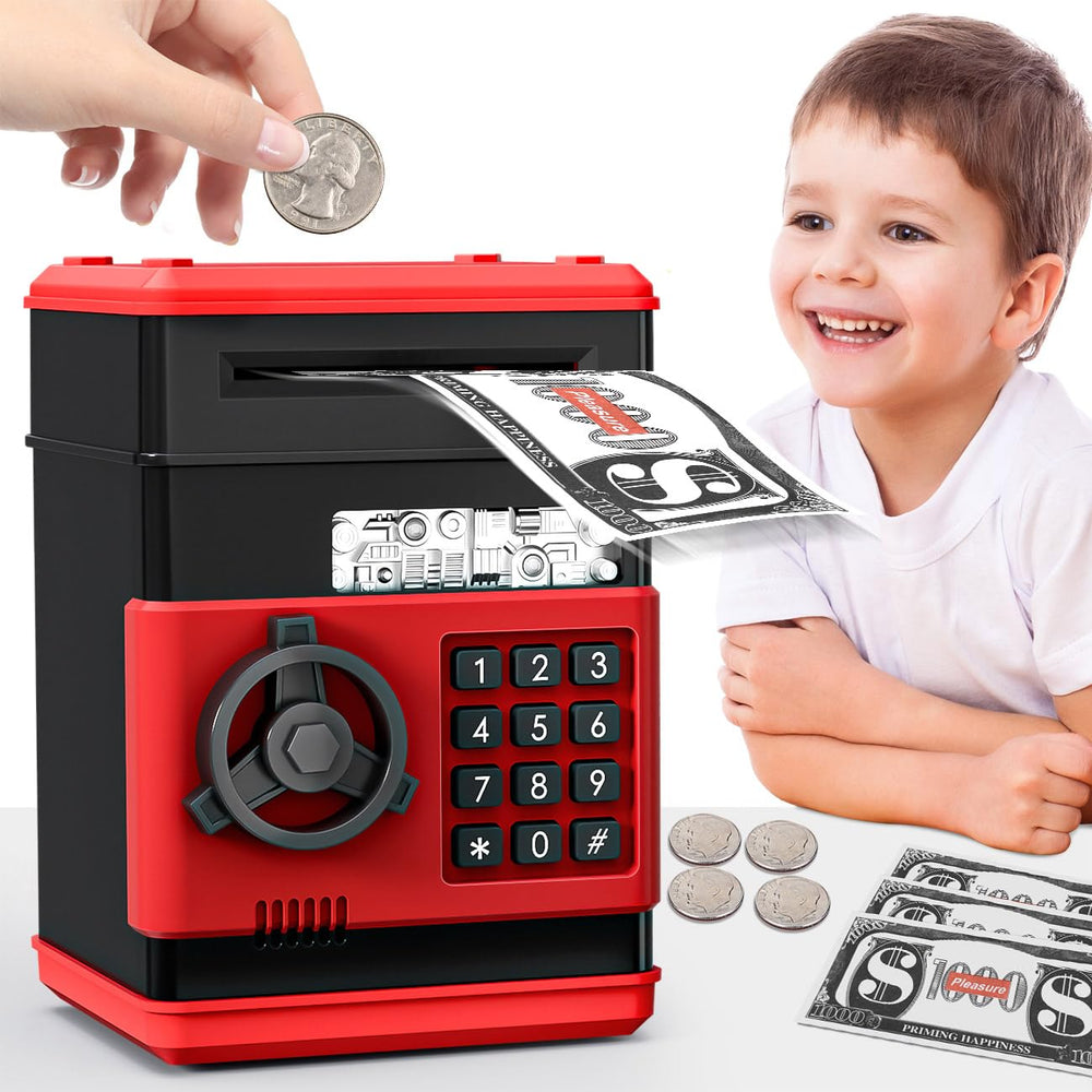 MAGIBX mini piggy bank ATM front view with four-digit lock for secure saving.