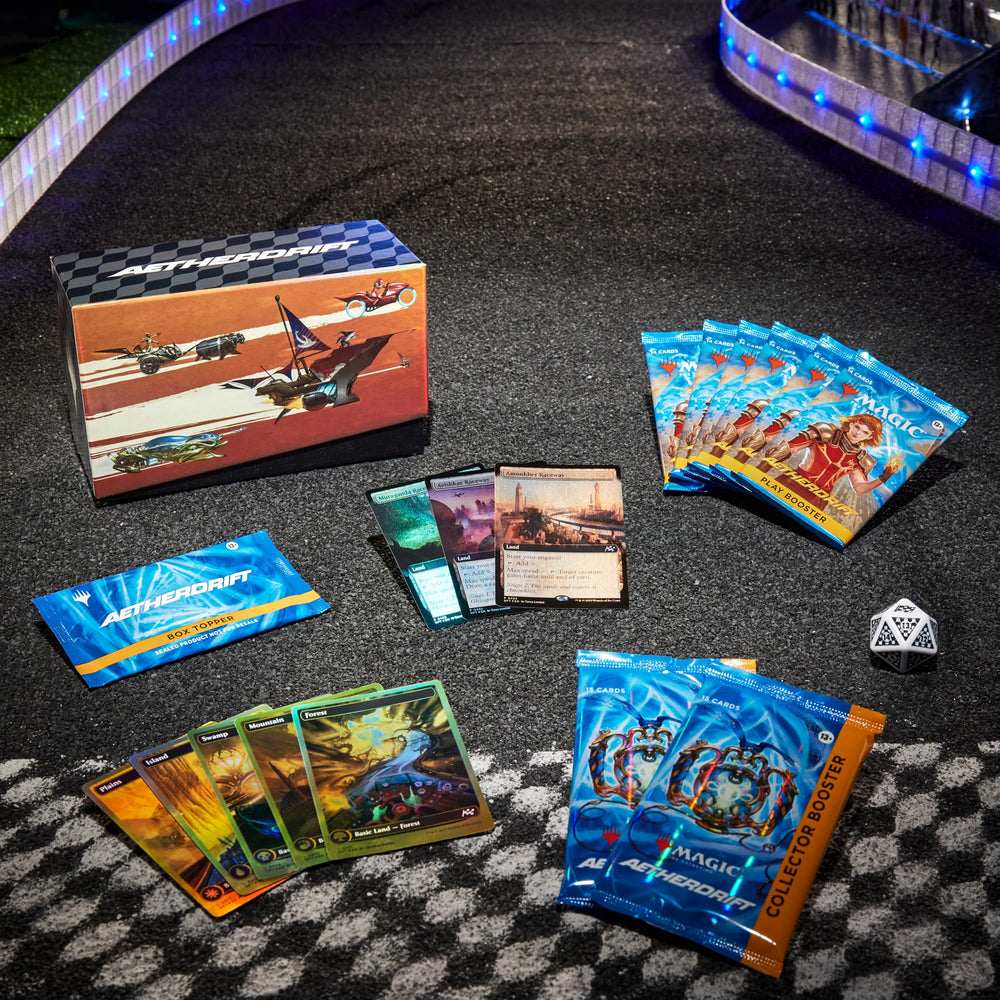 Magic: The Gathering Aetherdrift Finish Line Bundle full-art lands offer vivid landscapes for deck aesthetics