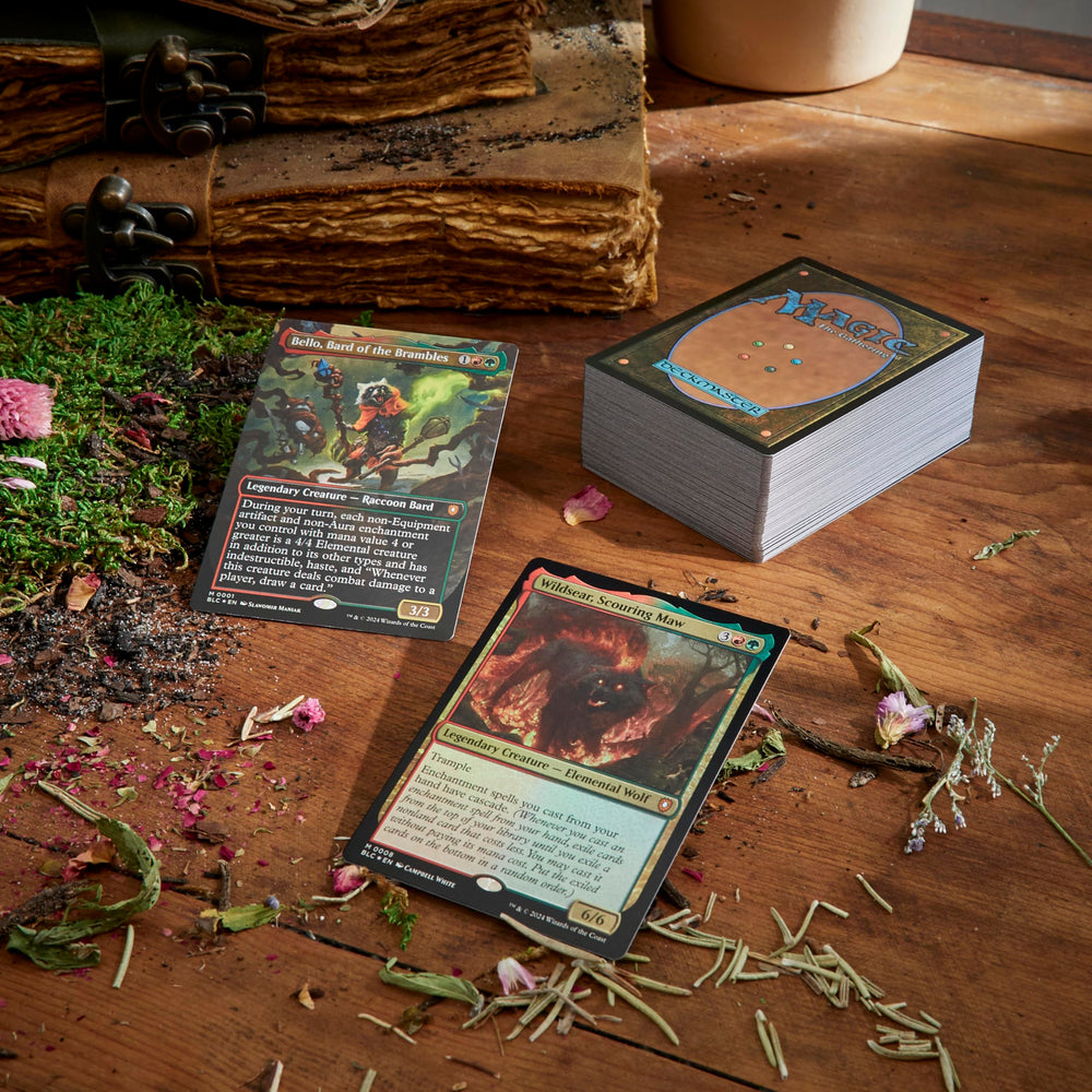 Magic: The Gathering Bloomburrow deck box open showcasing organized 100 sleeved cards
