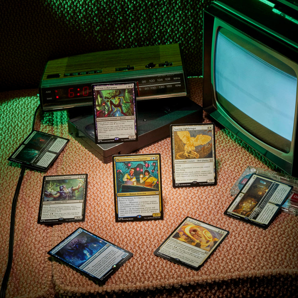 Magic: The Gathering Duskmourn collector booster sample pack includes rare or higher cards.