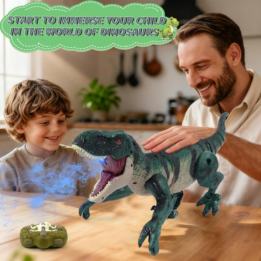 MagicKidz remote-control-dinosaur LED lights illuminate every maneuver for night play.