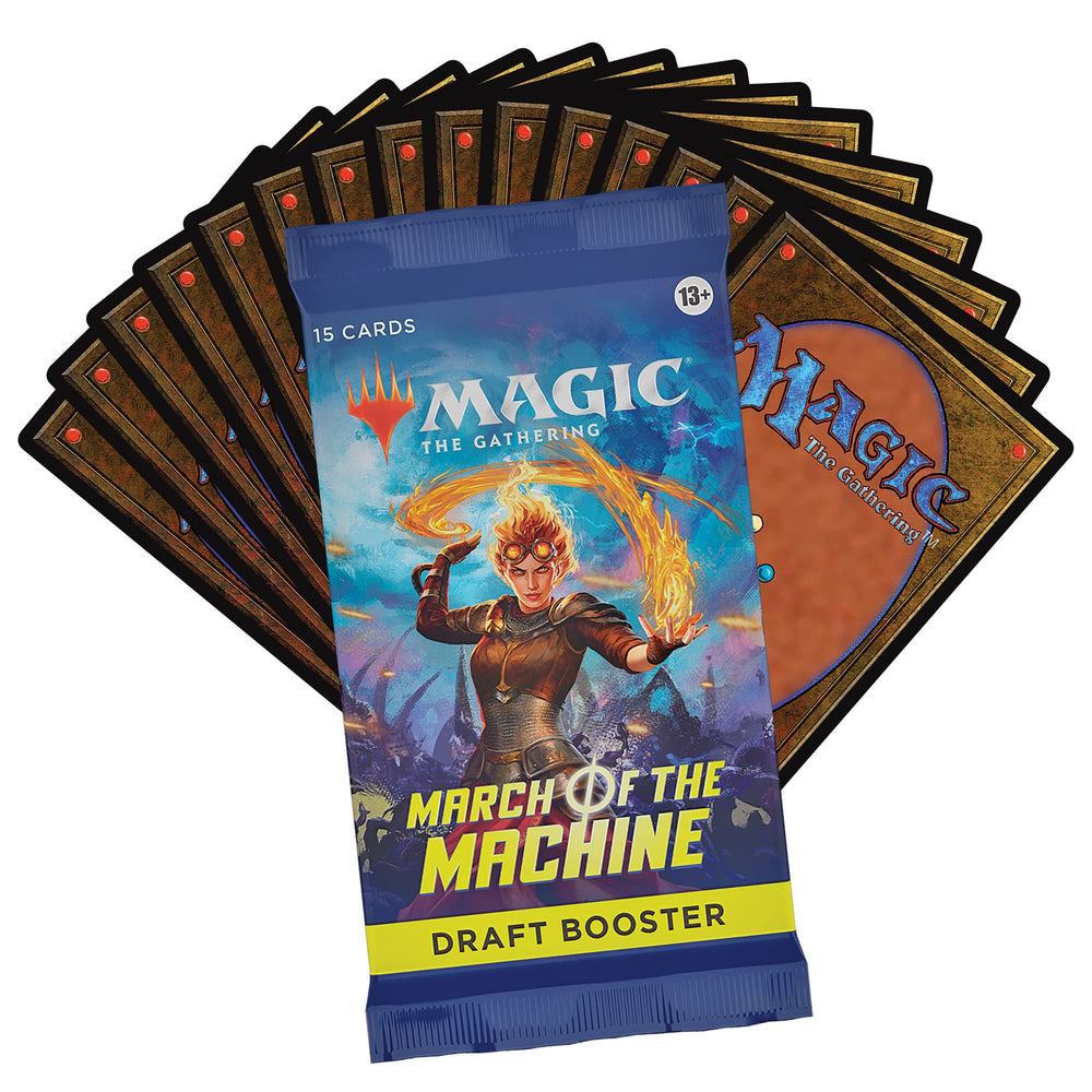 Display of rare and uncommon MTG cards from March of the Machine draft boosters