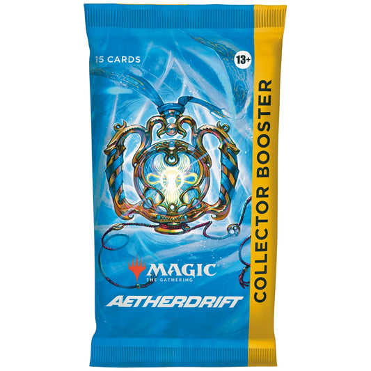 Magic: The Gathering Aetherdrift Collector Booster contents with 15 cards and a foil token, ideal for collecting rares.