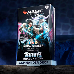 Artwork from the Tarkir Dragonstorm Jeskai Striker deck showing bold card art