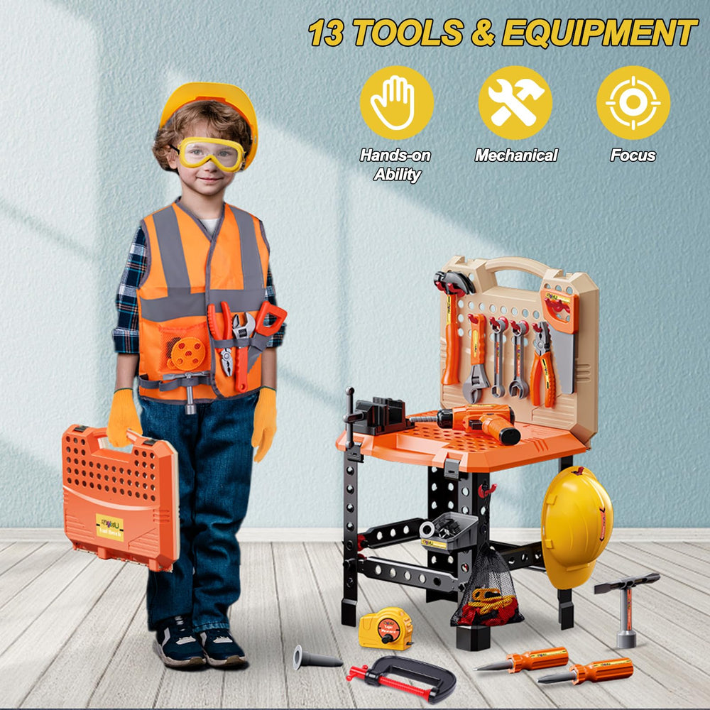 Magic4U Kids Tool Bench Set tools array features hammer, wrenches, saw, and screwdrivers.