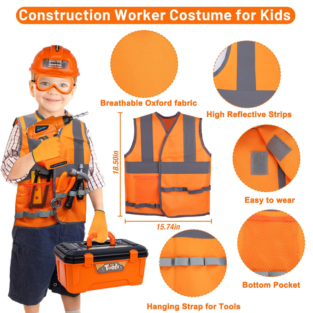 Magic4U safety vest and hat showcase safe dress-up for aspiring builders.