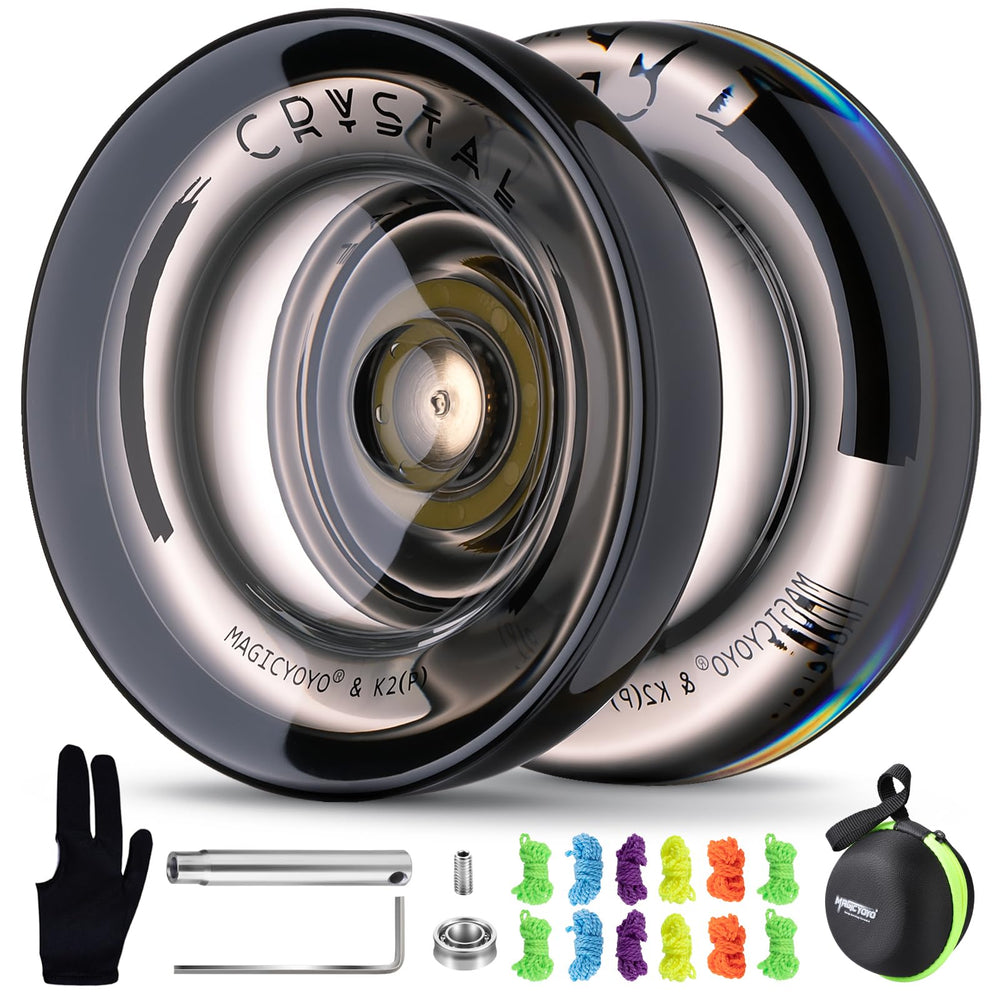 MAGICYOYO K2 crystal black yoyo in hand, premium PC construction visible.
