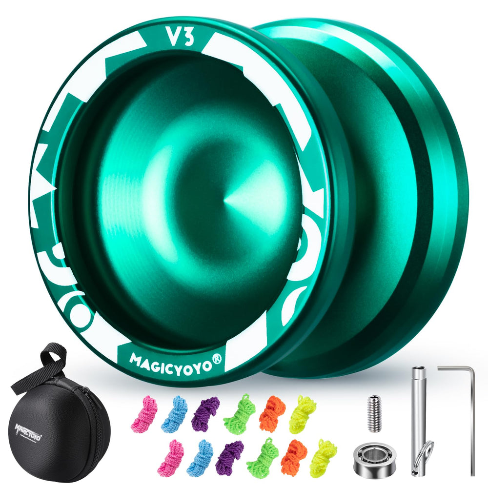 Magicyoyo V3 green aluminum yoyo with a 6061 sand-blasted finish for daily durability.