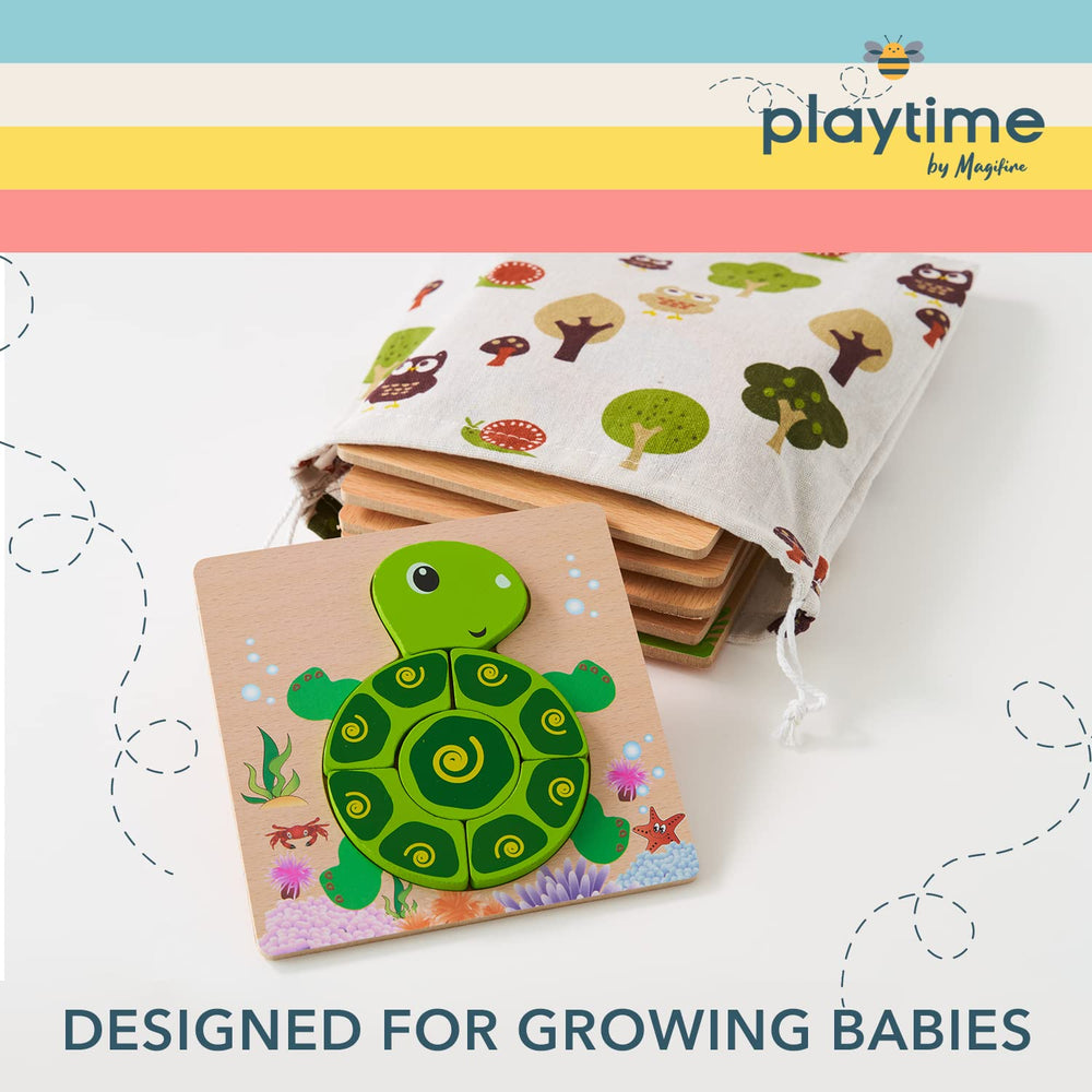 MAGIFIRE wooden puzzle in hand supports tiny hands with chunky pieces.