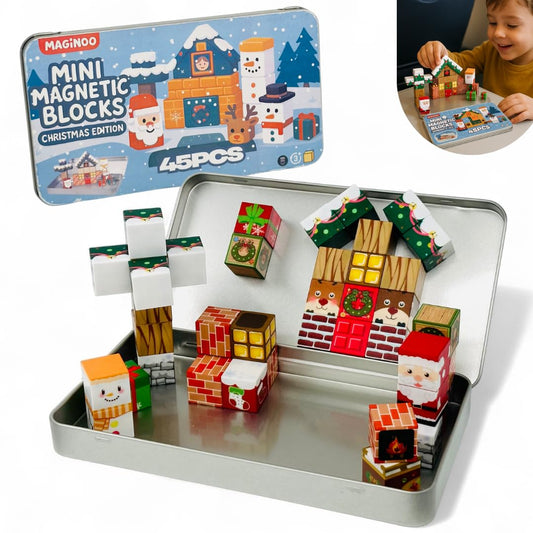 Maginoo 45PCS magnetic blocks Christmas set box neatly organized for portable holiday building