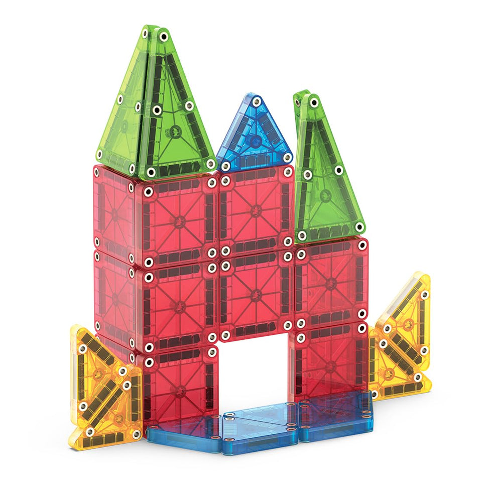 MAGNA-TILES microMAGS next to an adult hand showing true pocket-friendly scale