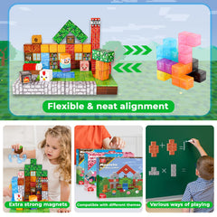Magnetopia blocks support cooperative play and motor skill development during family activities.