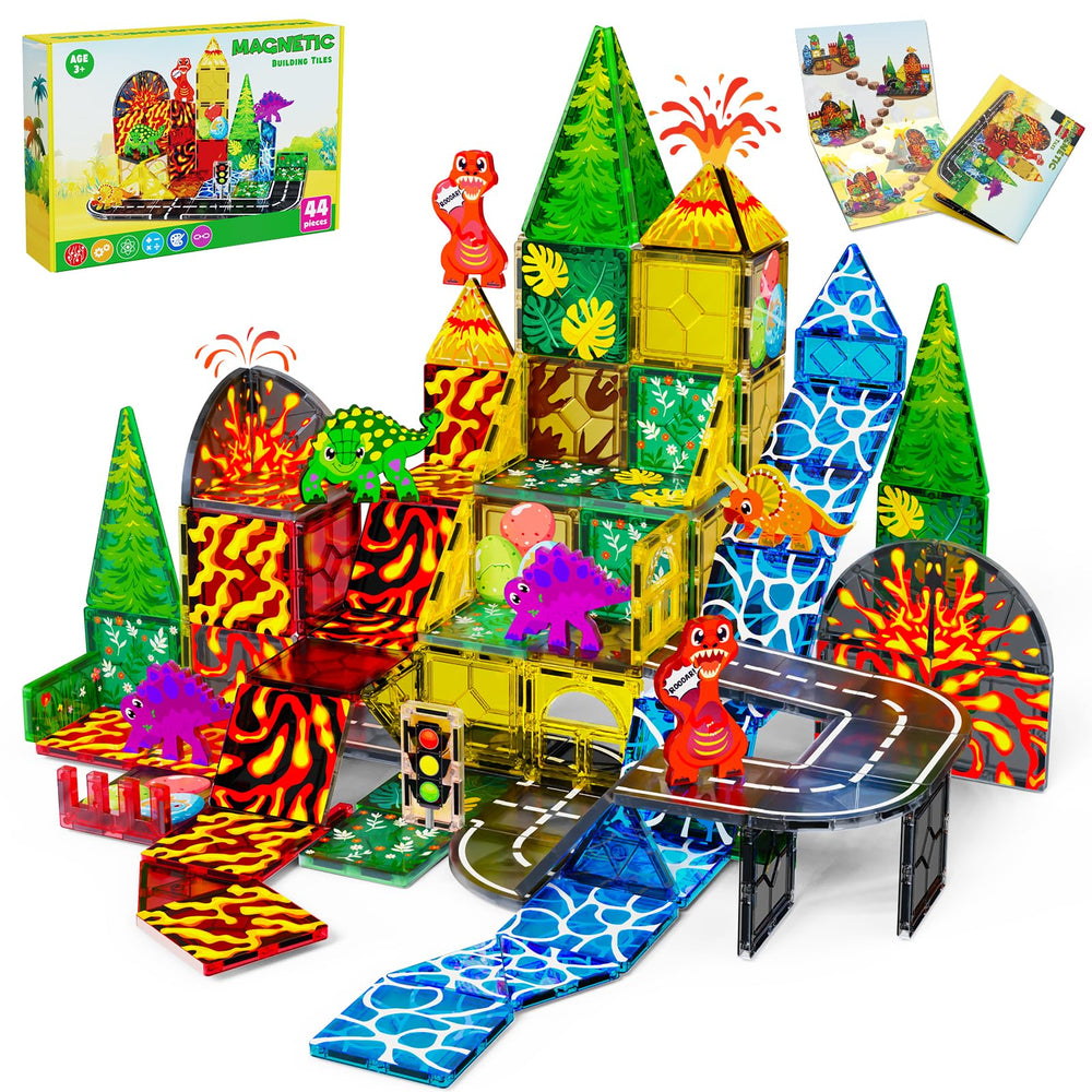 Magnetopia dinosaur tiles erupting volcano for imaginative play