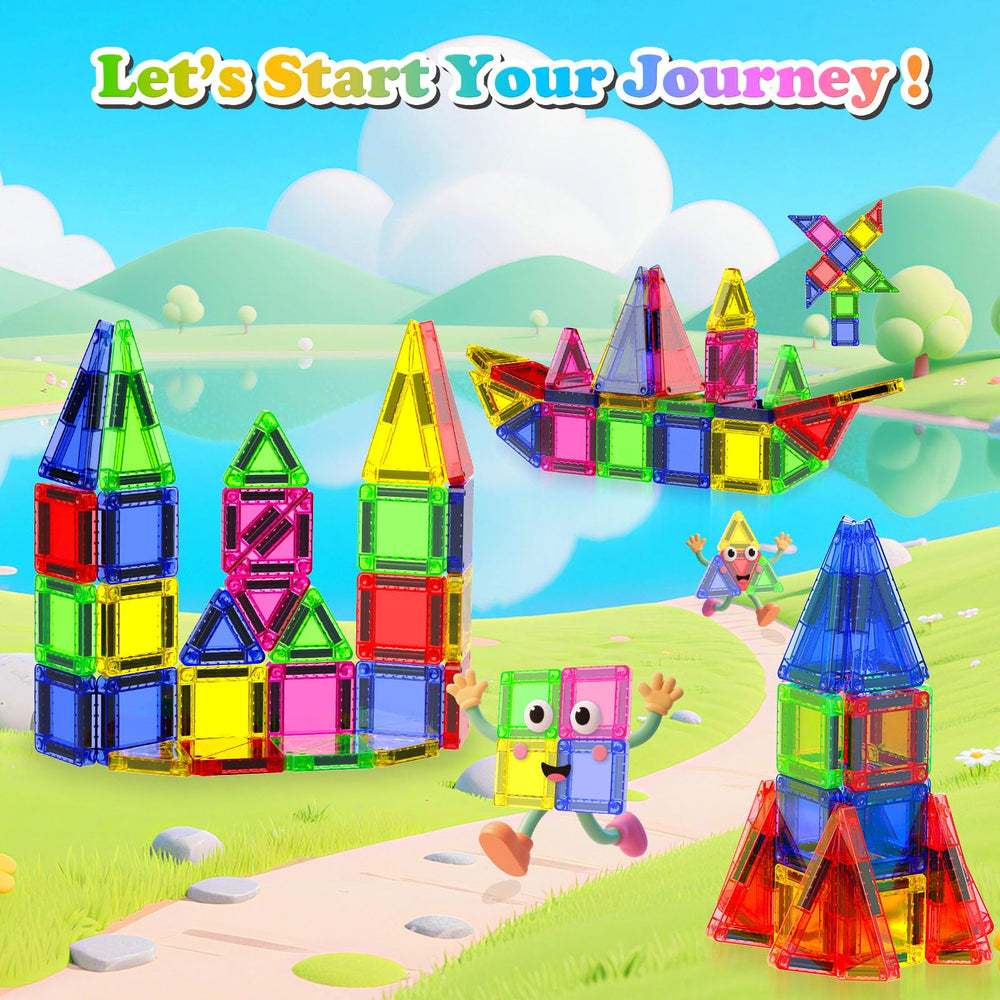 Magnetopia set laid out with varied shapes encouraging imaginative construction.