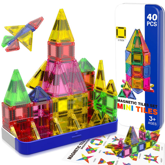 Magnetopia Mini Magnetic Tiles in iron box, front view for organized travel-ready play.