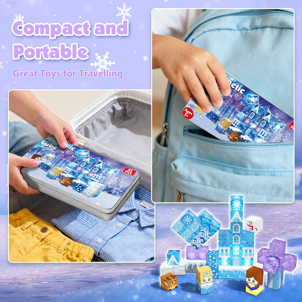 Magneverse blue glow lights up snow castles for imaginative storytelling.