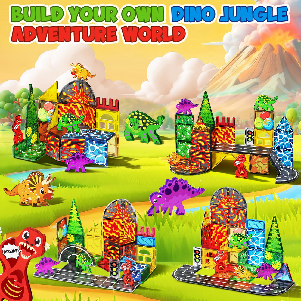 Magneverse Dinosaur Tiles Forest Habitat invites kids to create dino forests.