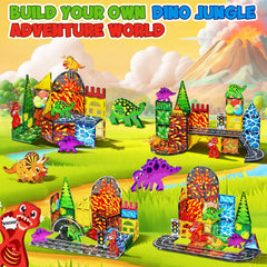 Magneverse Dinosaur Tiles Forest Habitat invites kids to create dino forests.