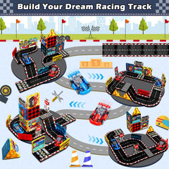 Magneverse two cars included on the road set support fast-paced play and hand-eye coordination.