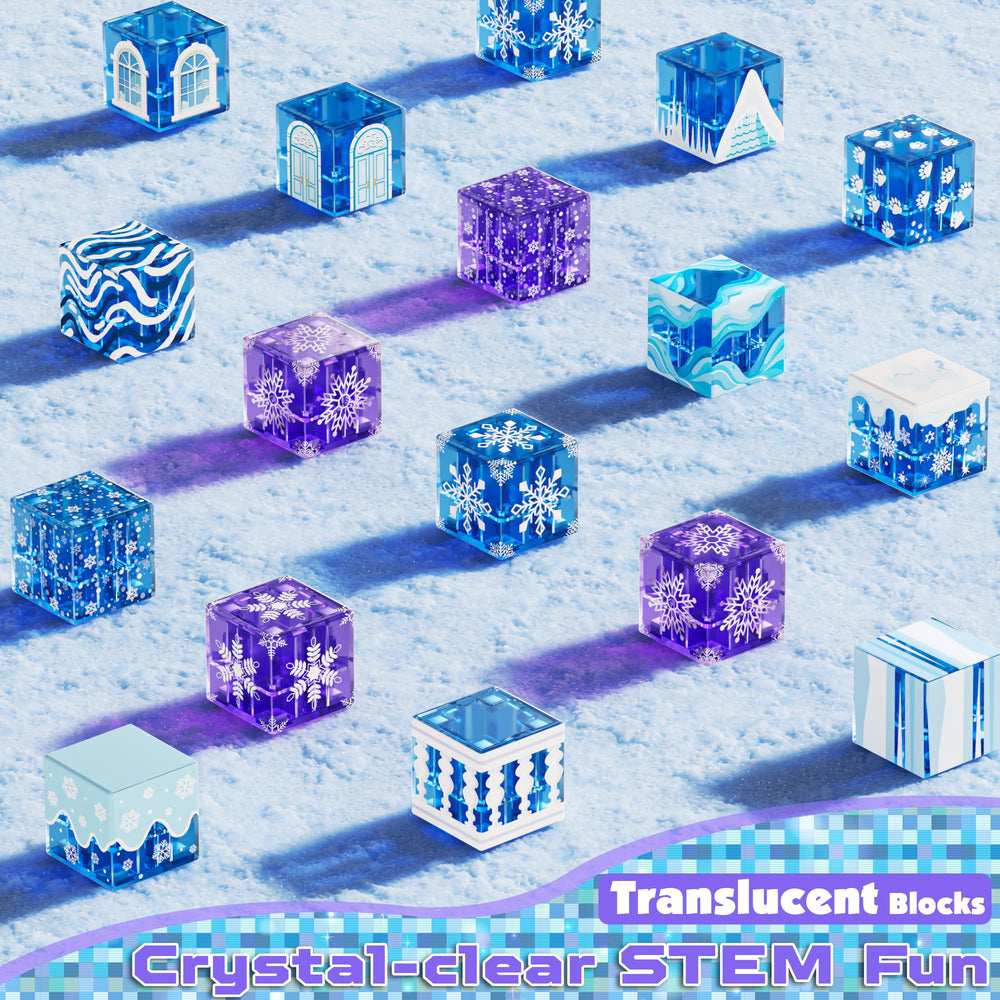 Magneverse transparent light-up cubes illuminate blue snow castle builds.