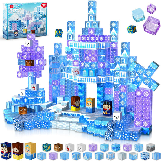 Magneverse transparent blocks with snow-theme create shimmering structures for imaginative play.