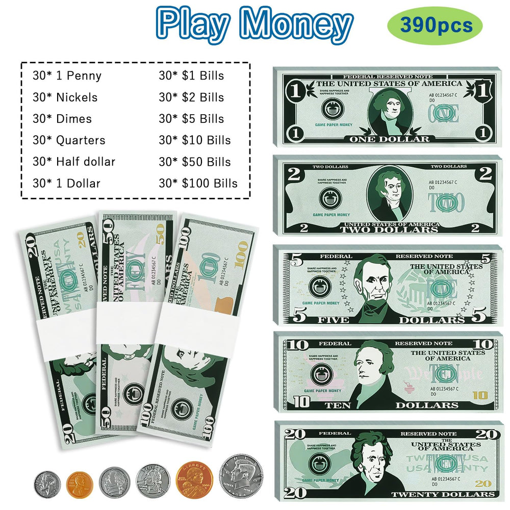 MAGLOGY coins close-up showing pretend currency for counting practice and role-play.