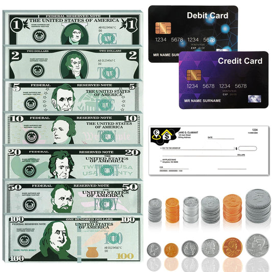 MAGLOGY 492pcs play set with coins and bills for early math practice