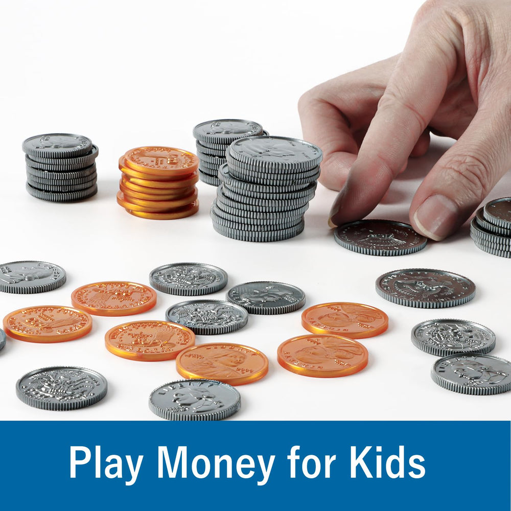MAGLOGY play money coins close up showing denominations for coin recognition