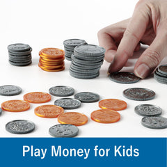 MAGLOGY play money coins close up showing denominations for coin recognition