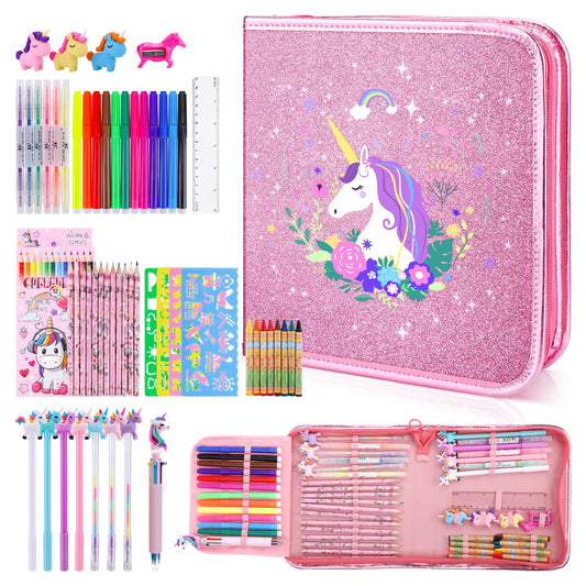 MAIGOZON unicorn glitter pencil case keeps art supplies organized and portable.