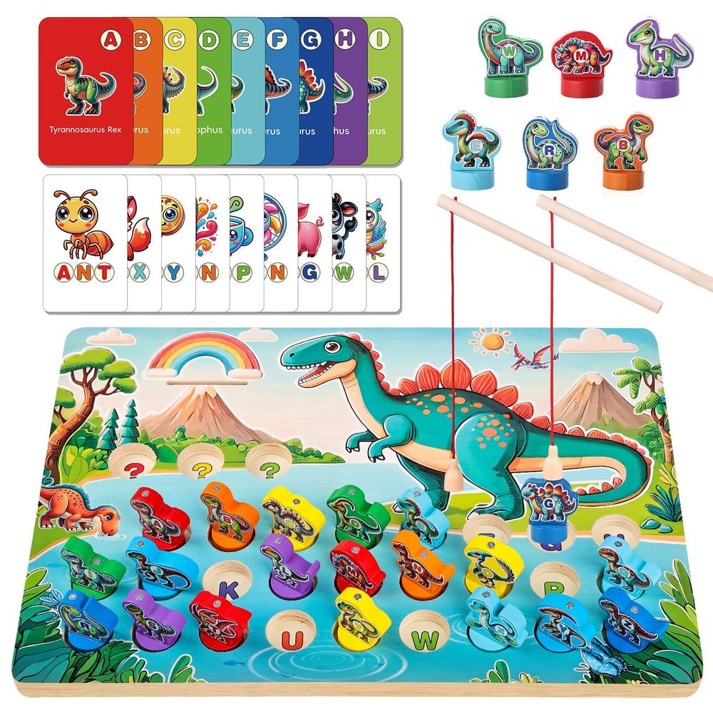 Mailuren wooden dinosaur magnetic fishing board engaged in letter recognition during play