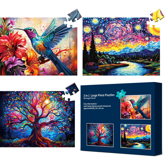Maiqufa 3-pack puzzles displayed for seniors, easy-to-handle pieces and welcoming design.