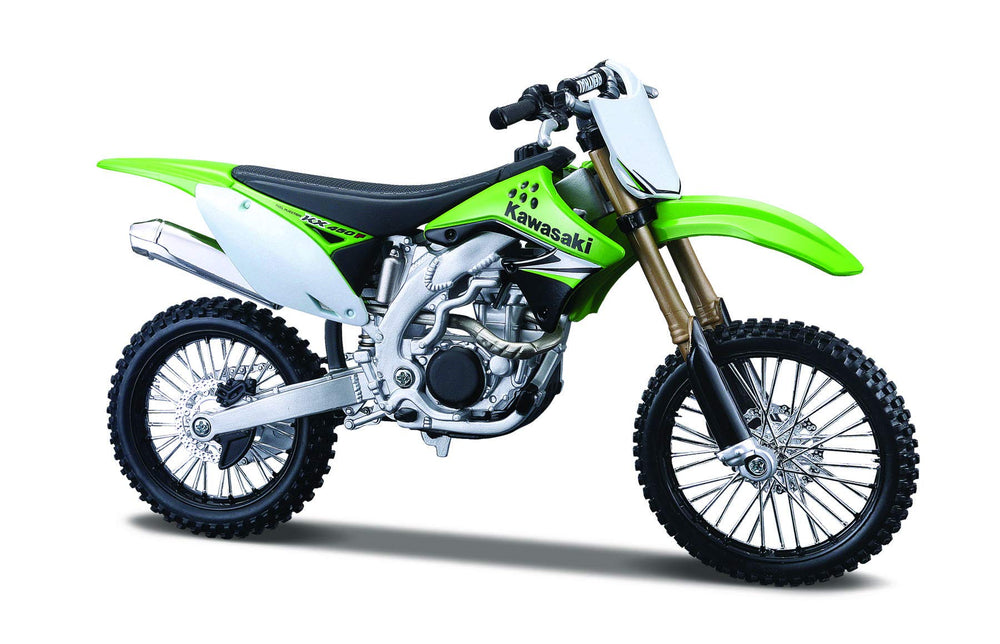 Maisto Kawasaki KX450F kit parts layout shows nearly 20 detailed pieces.