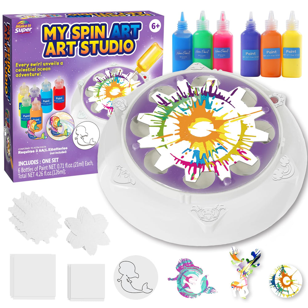 Make It Super Spin Art Machine Kit gift-ready packaging for birthdays.