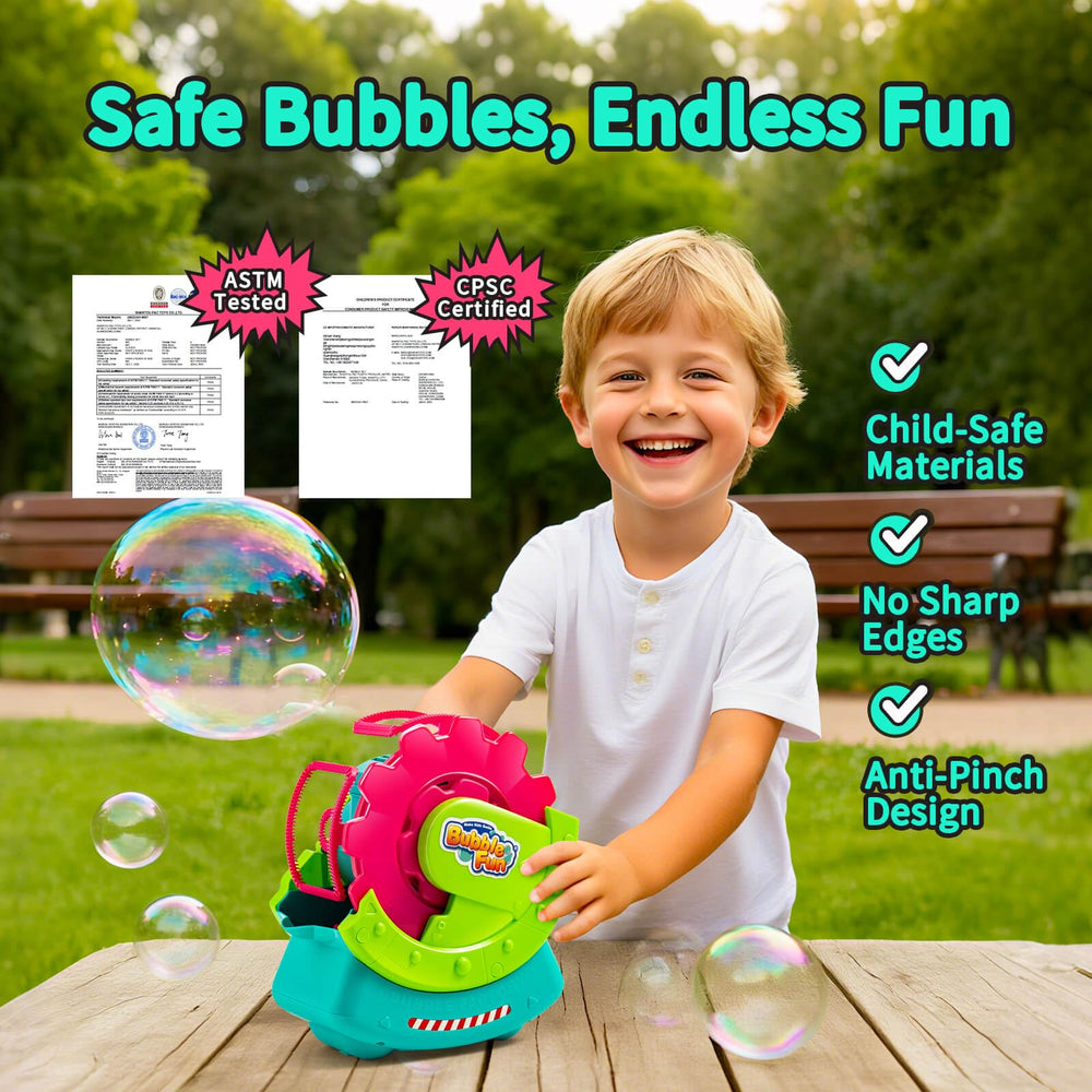MAKE KIDS SMILE BUBBLE FUN battery-powered design with screw-locked compartment.