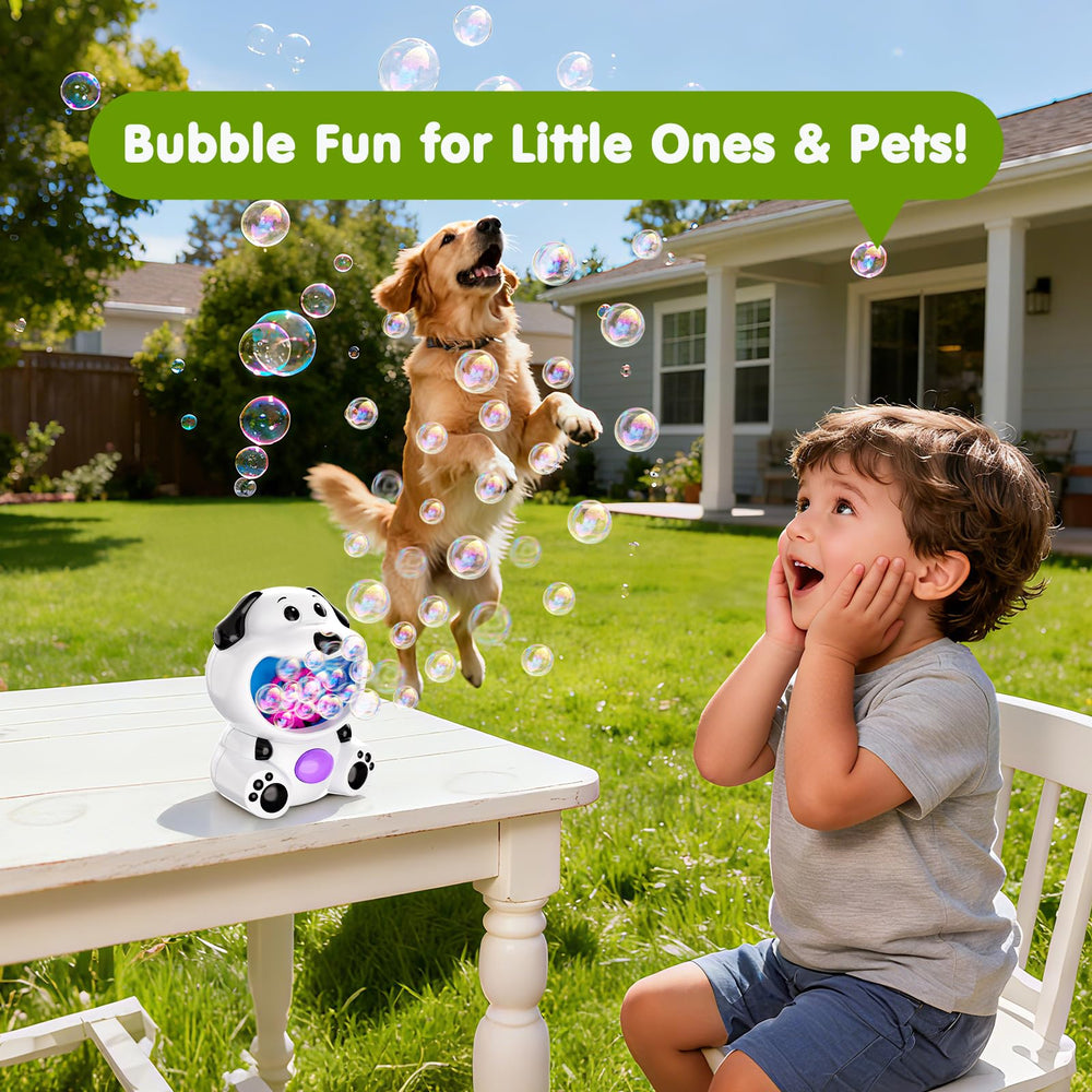 Puppy bubble blower with patented leak-stop design reduces mess