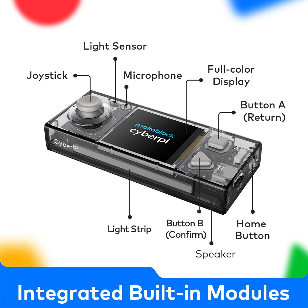 Makeblock CyberPi handheld learning setup demonstrating portable classroom or home study.