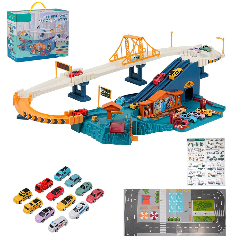 MAKUQI toy car ramp track assembly showing colorful layout for imaginative play.