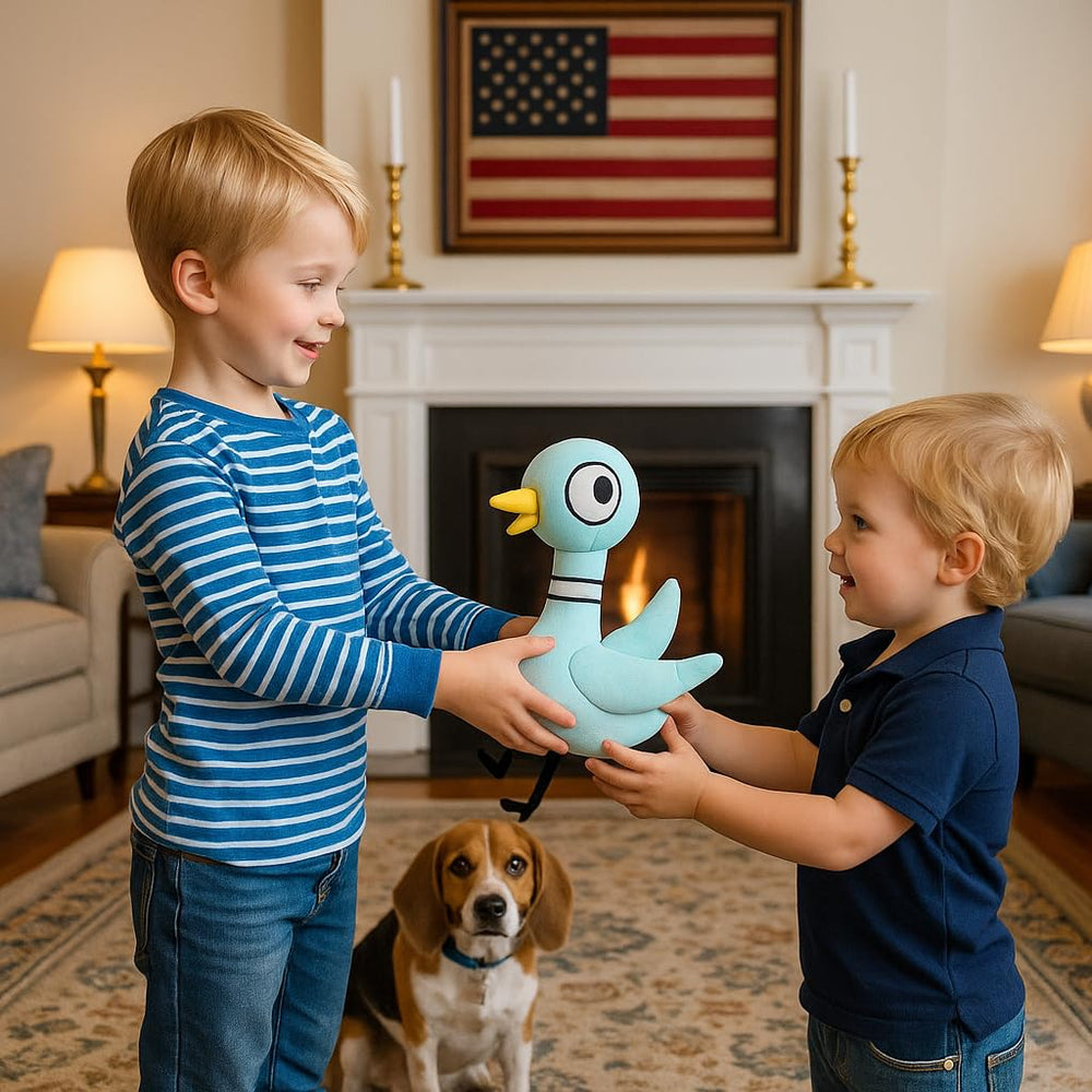 Malvjun pigeon plush in childs bedroom inspires imaginative play.