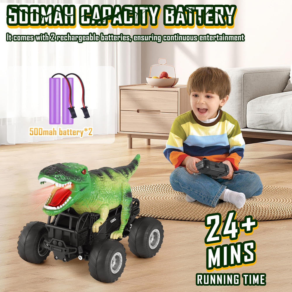 Manercey RC car green dinosaur close-up eyes and teeth showcase realism.
