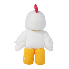 Embroidered features on the LEGO Chicken Suit Guy plush resemble classic LEGO style.