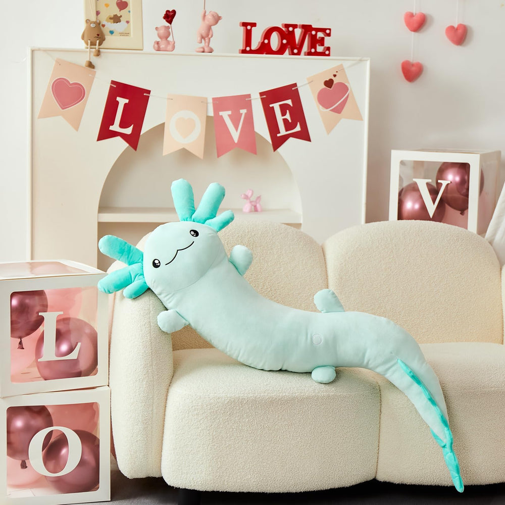 MaoGoLan axolotl plush long body for comfy hugs and lounging.