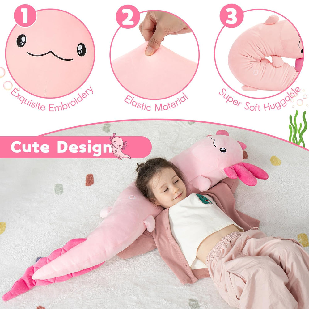 MaoGoLan axolotl plush adds cozy ambiance to a bedroom.