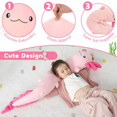 MaoGoLan axolotl plush adds cozy ambiance to a bedroom.