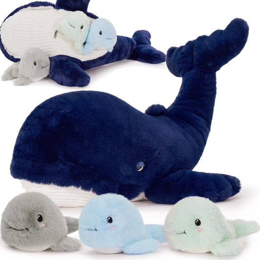 MaoGoLan blue whale 20-inch mommy with babies, ideal for imaginative play and cozy snuggles.