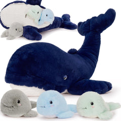 MaoGoLan blue whale 20-inch mommy with babies, ideal for imaginative play and cozy snuggles.