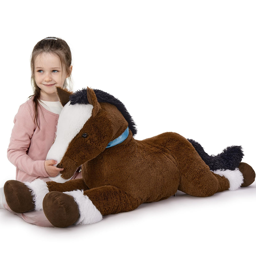 MaoGoLan coffee horse plush, 47-inch rideable toy for imaginative play and cuddling.