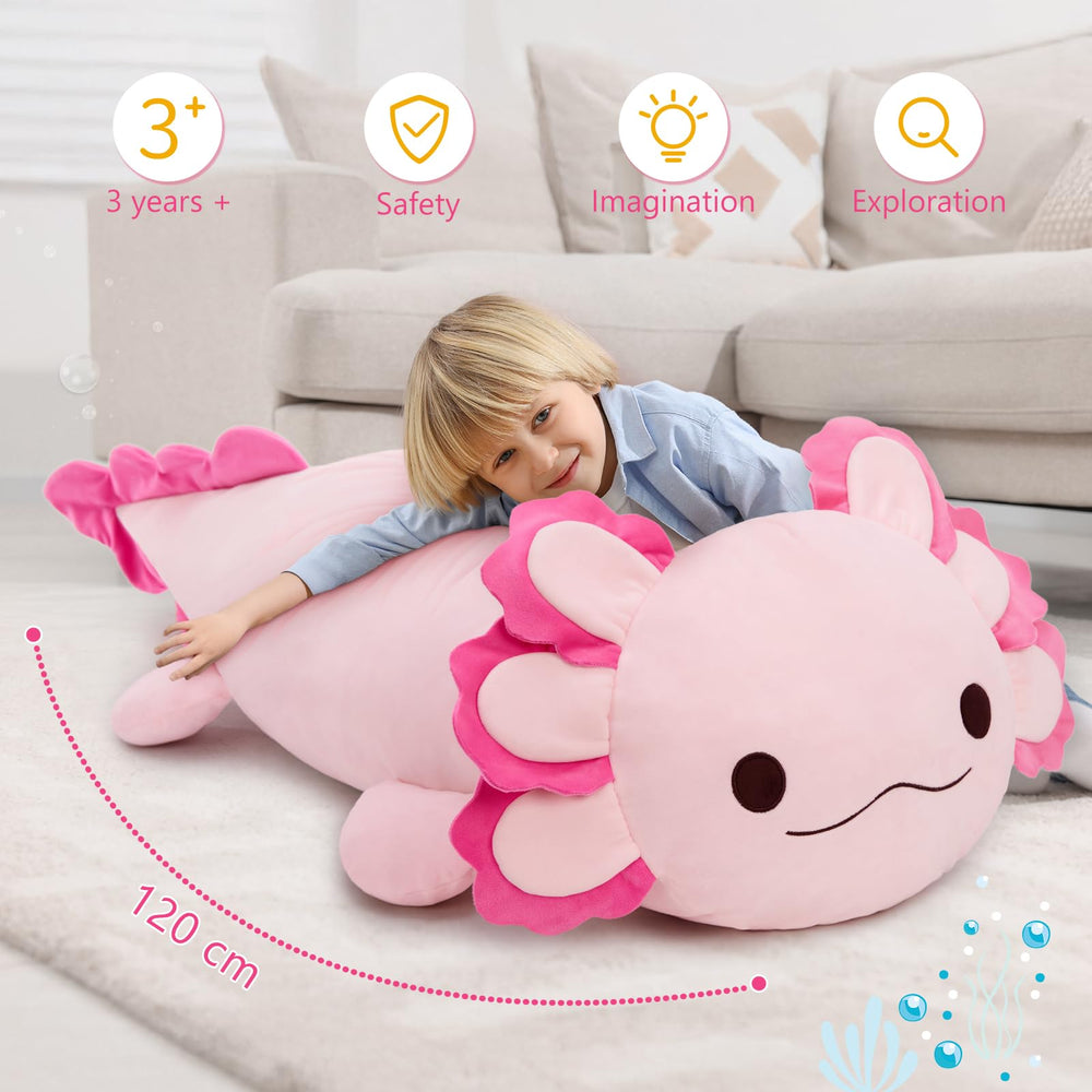 MaoGoLan giant axolotl plush side view, ideal body pillow for naps